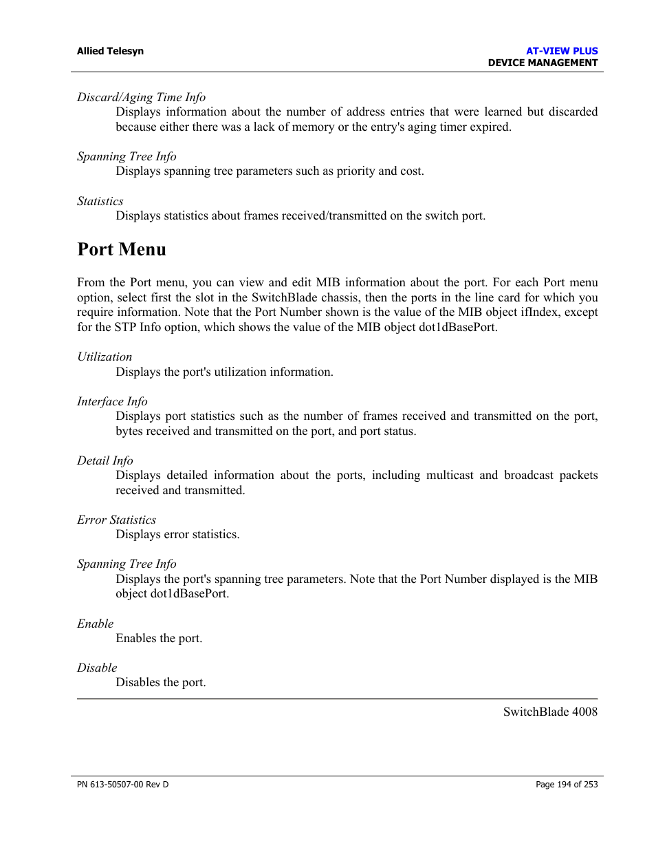 Port menu | Allied Telesis AT-VIEW PLUS 2.4 DEVICE MANAGEMENT User Manual | Page 194 / 253