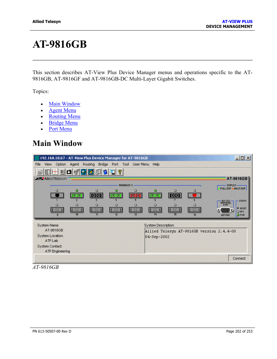 At-9816gb, Main window | Allied Telesis AT-VIEW PLUS 2.4 DEVICE MANAGEMENT User Manual | Page 202 / 253