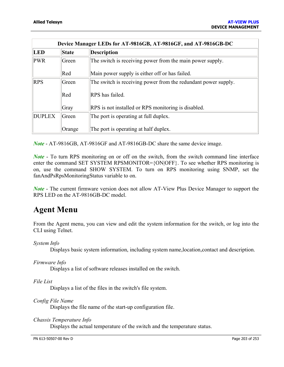 Agent menu | Allied Telesis AT-VIEW PLUS 2.4 DEVICE MANAGEMENT User Manual | Page 203 / 253