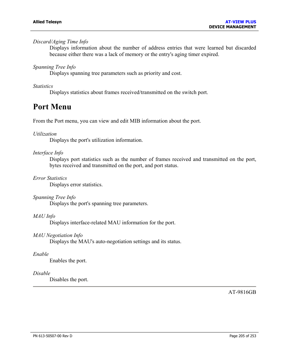 Port menu | Allied Telesis AT-VIEW PLUS 2.4 DEVICE MANAGEMENT User Manual | Page 205 / 253