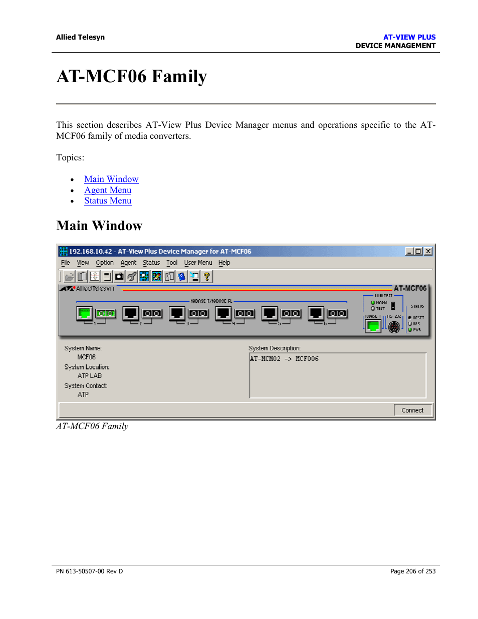 At-mcf06 family, Main window | Allied Telesis AT-VIEW PLUS 2.4 DEVICE MANAGEMENT User Manual | Page 206 / 253