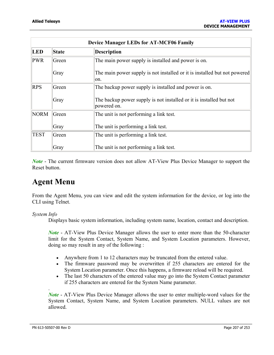 Agent menu | Allied Telesis AT-VIEW PLUS 2.4 DEVICE MANAGEMENT User Manual | Page 207 / 253