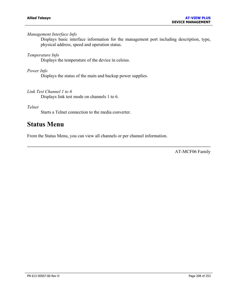 Status menu | Allied Telesis AT-VIEW PLUS 2.4 DEVICE MANAGEMENT User Manual | Page 208 / 253