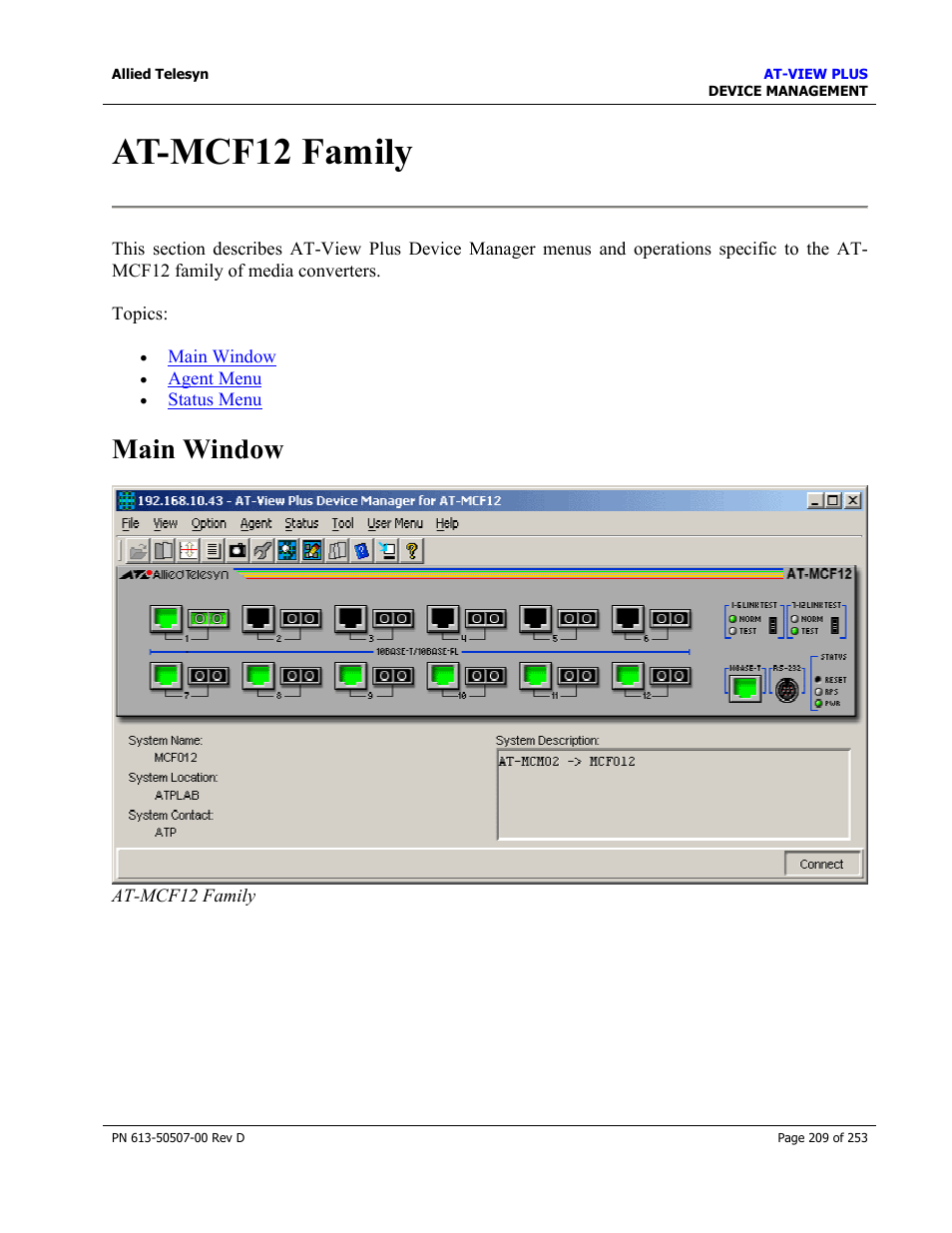 At-mcf12 family, Main window | Allied Telesis AT-VIEW PLUS 2.4 DEVICE MANAGEMENT User Manual | Page 209 / 253