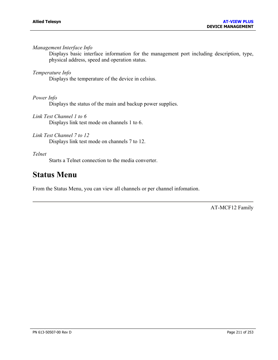 Status menu | Allied Telesis AT-VIEW PLUS 2.4 DEVICE MANAGEMENT User Manual | Page 211 / 253