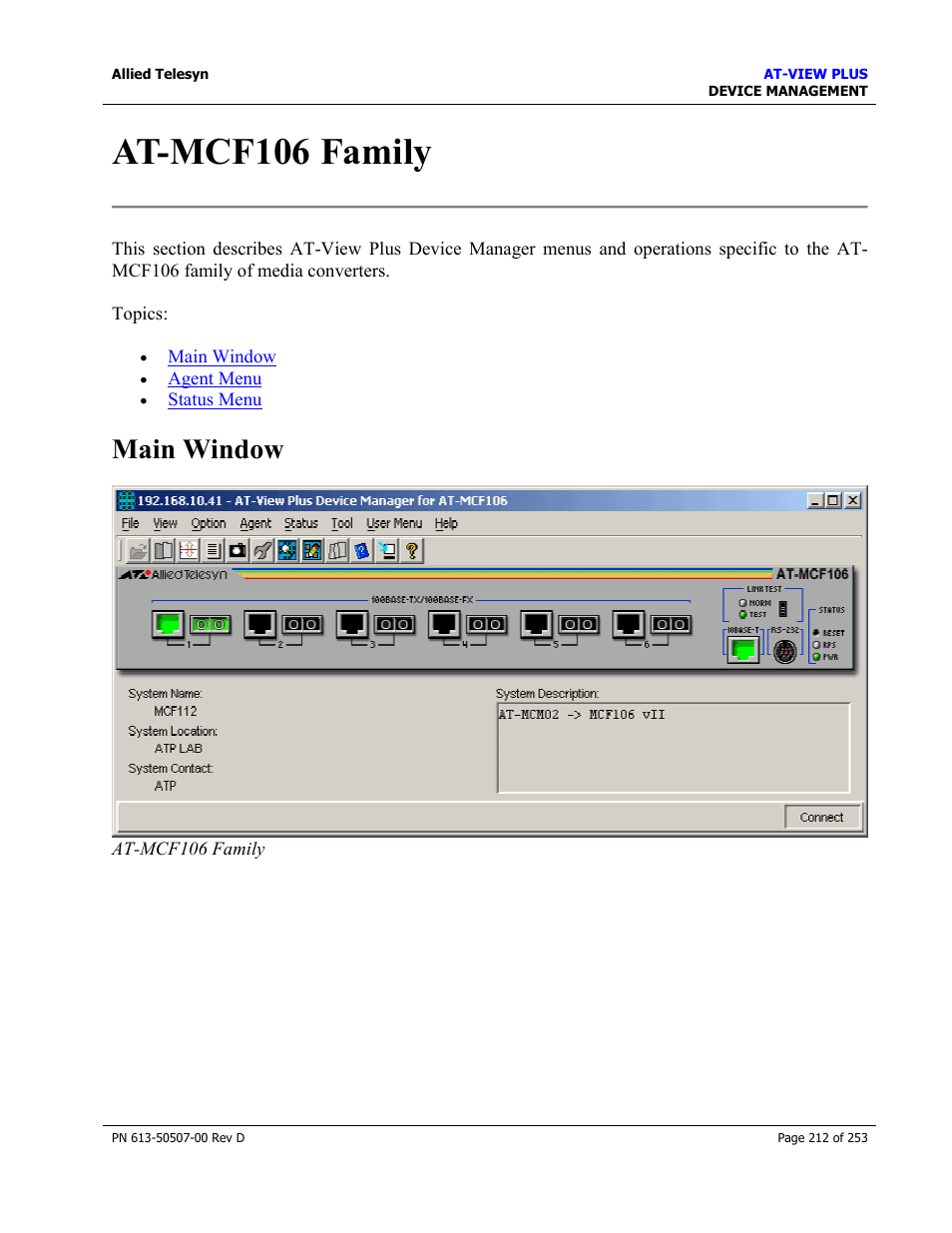 At-mcf106 family, Main window | Allied Telesis AT-VIEW PLUS 2.4 DEVICE MANAGEMENT User Manual | Page 212 / 253