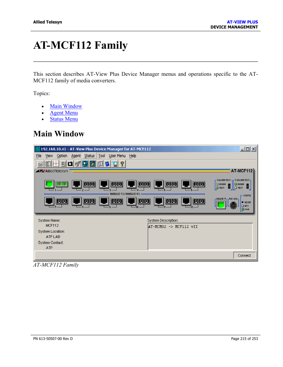 At-mcf112 family, Main window | Allied Telesis AT-VIEW PLUS 2.4 DEVICE MANAGEMENT User Manual | Page 215 / 253