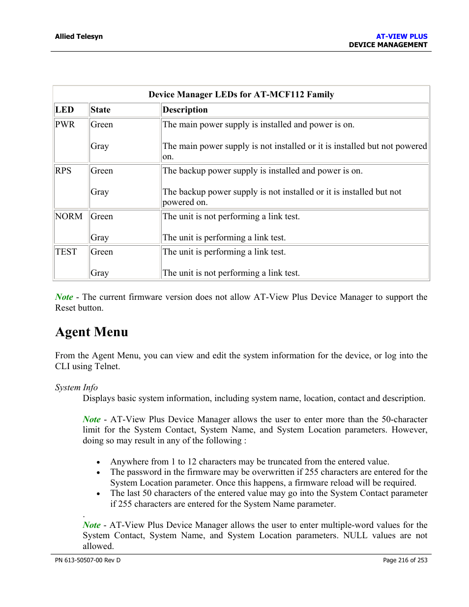 Agent menu | Allied Telesis AT-VIEW PLUS 2.4 DEVICE MANAGEMENT User Manual | Page 216 / 253