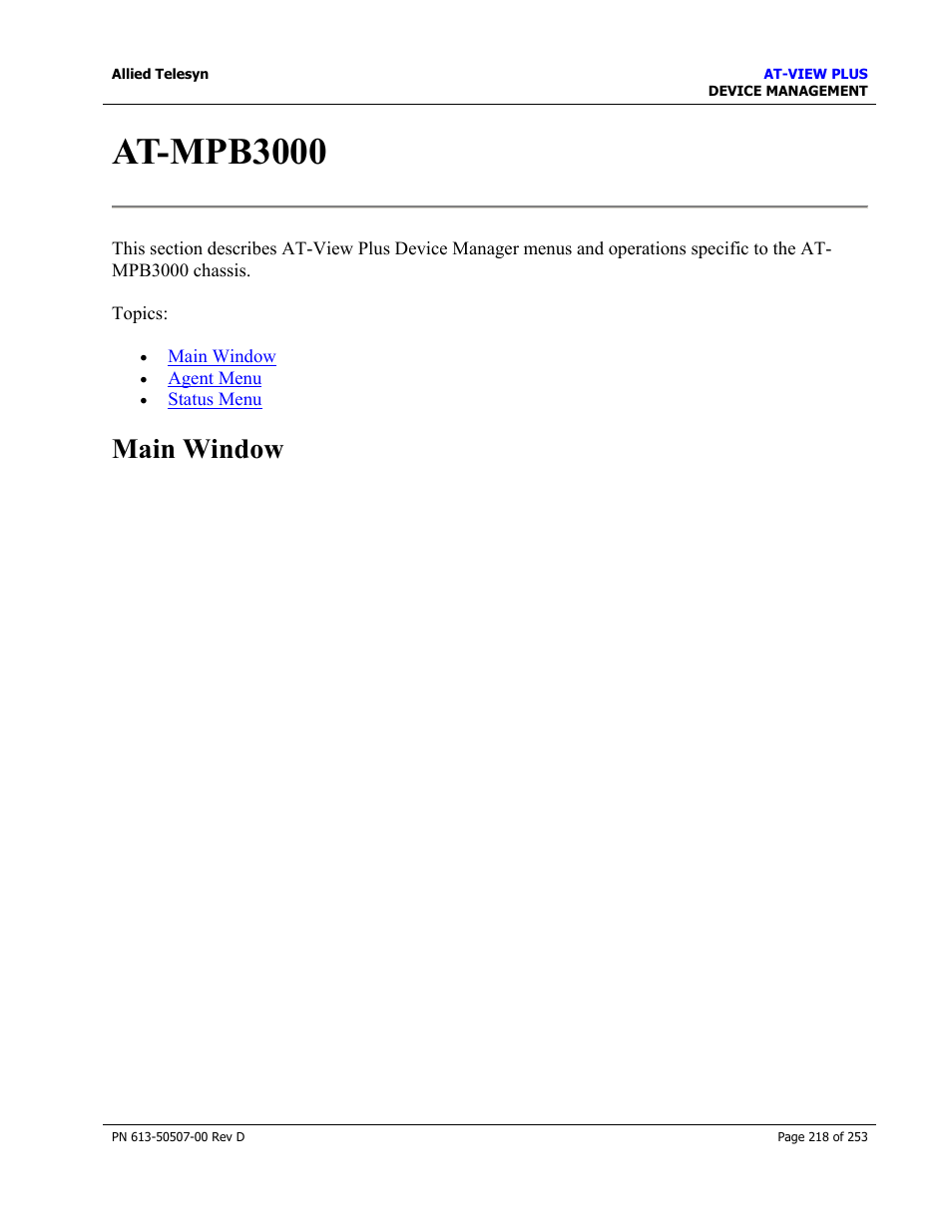 At-mpb3000, Main window | Allied Telesis AT-VIEW PLUS 2.4 DEVICE MANAGEMENT User Manual | Page 218 / 253