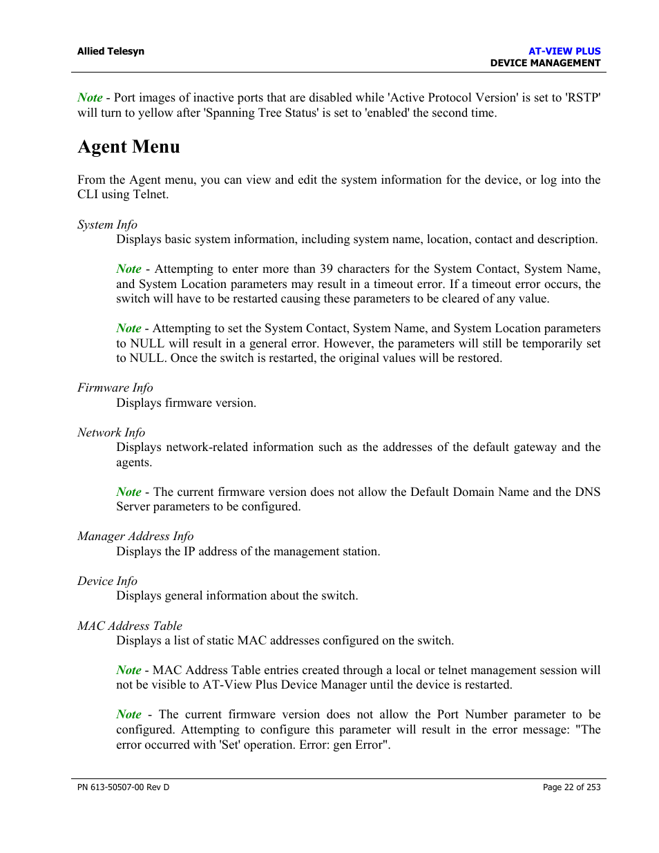 Agent menu | Allied Telesis AT-VIEW PLUS 2.4 DEVICE MANAGEMENT User Manual | Page 22 / 253
