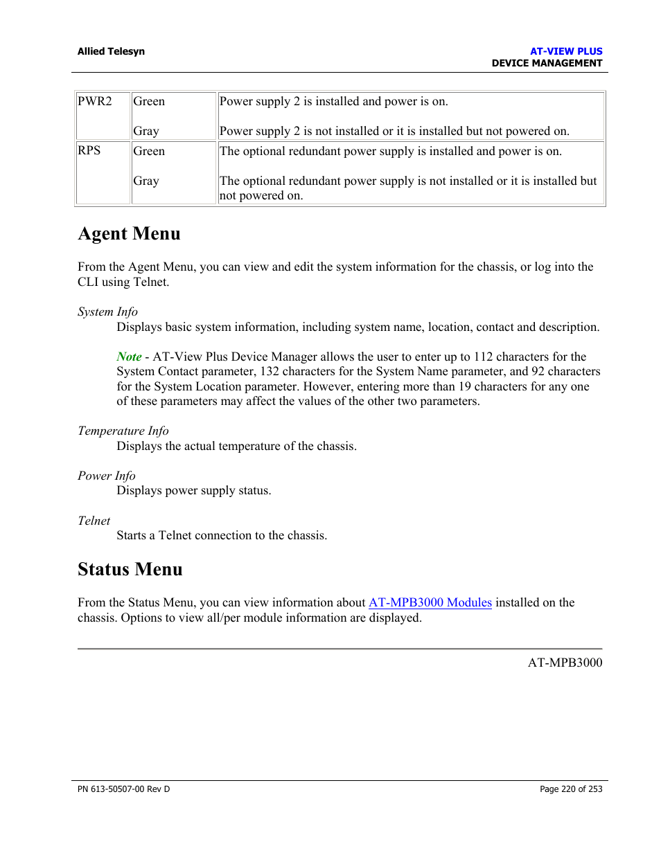 Agent menu, Status menu, Agent menu status menu | Allied Telesis AT-VIEW PLUS 2.4 DEVICE MANAGEMENT User Manual | Page 220 / 253