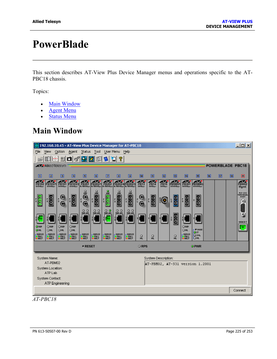 Powerblade, Main window | Allied Telesis AT-VIEW PLUS 2.4 DEVICE MANAGEMENT User Manual | Page 225 / 253