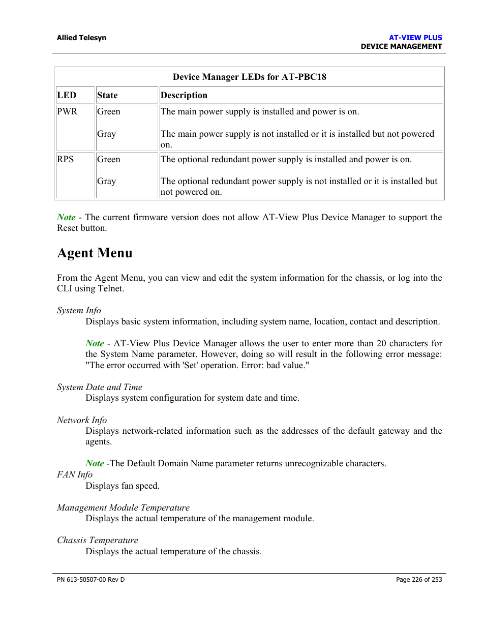 Agent menu | Allied Telesis AT-VIEW PLUS 2.4 DEVICE MANAGEMENT User Manual | Page 226 / 253