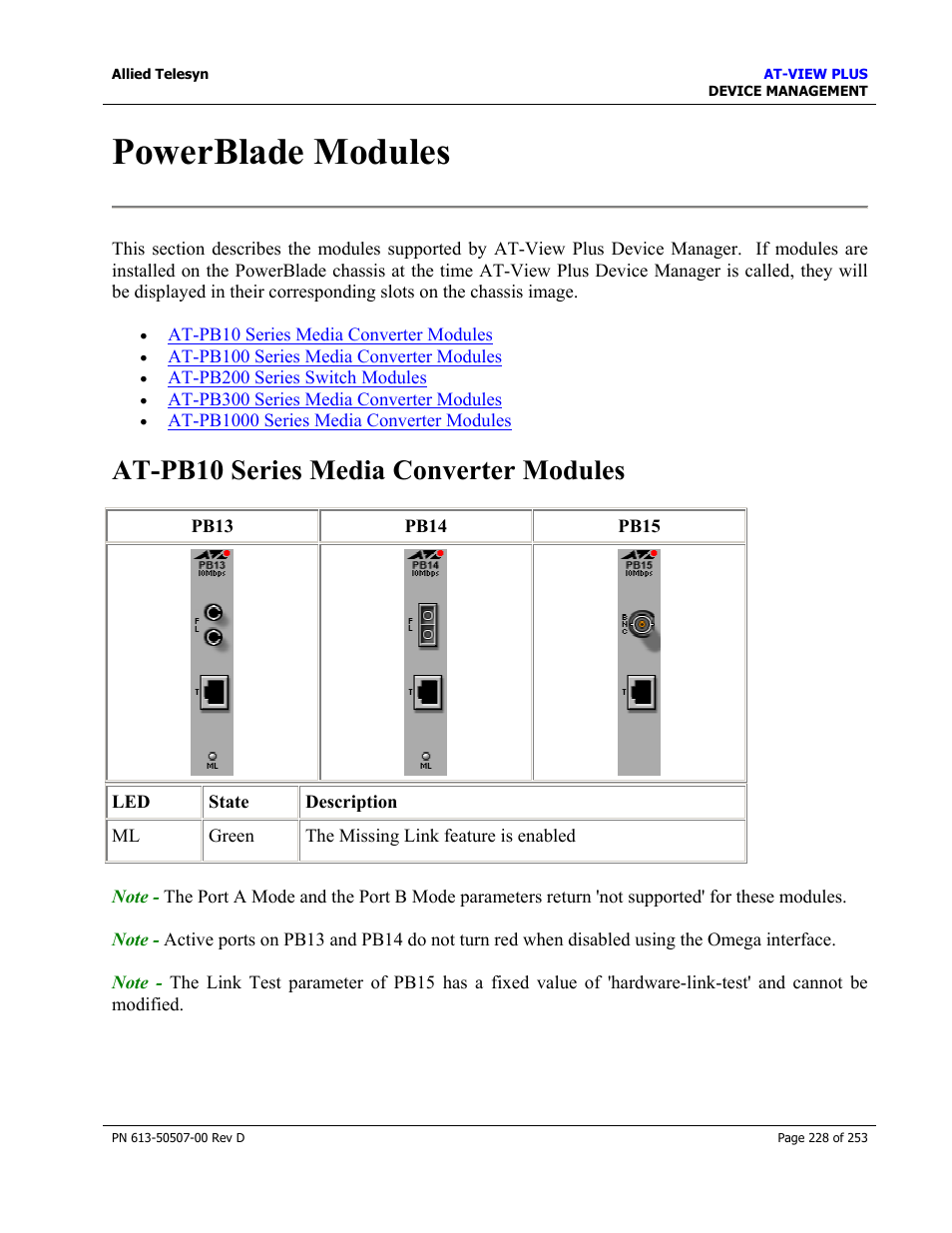 Powerblade modules, At-pb10 series media converter modules | Allied Telesis AT-VIEW PLUS 2.4 DEVICE MANAGEMENT User Manual | Page 228 / 253