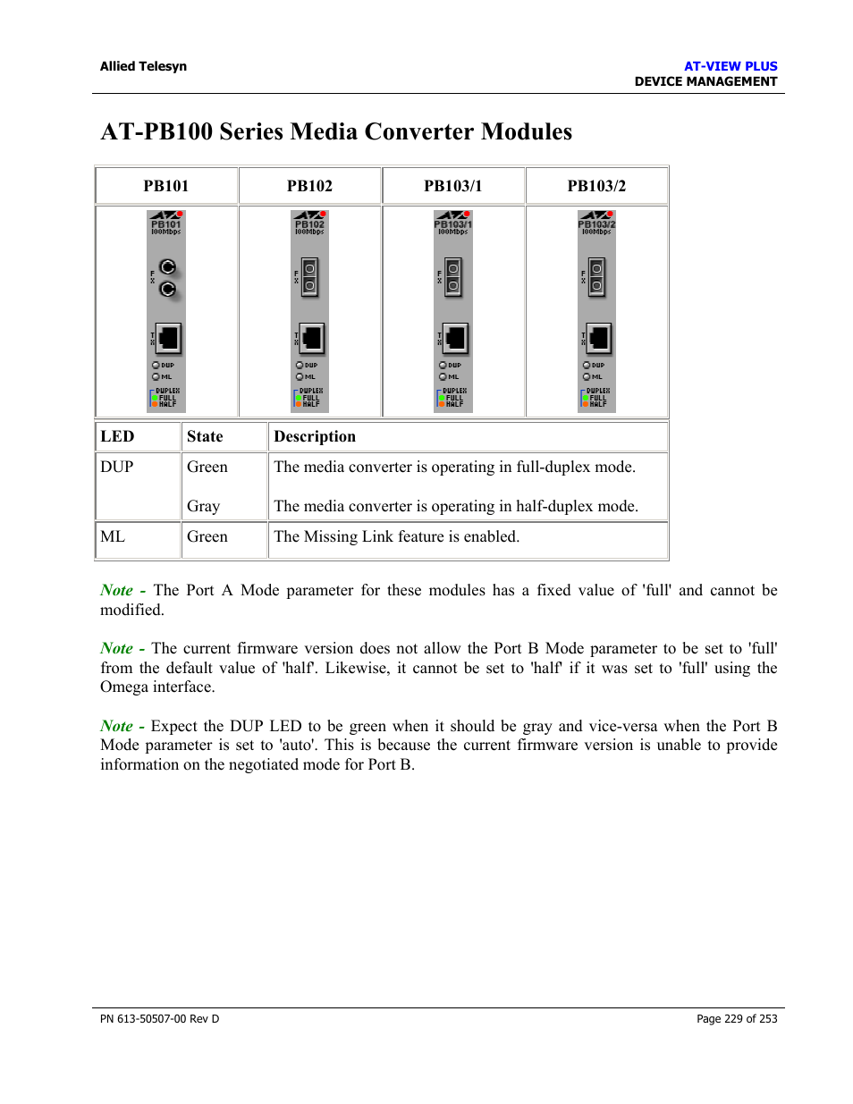 At-pb100 series media converter modules | Allied Telesis AT-VIEW PLUS 2.4 DEVICE MANAGEMENT User Manual | Page 229 / 253