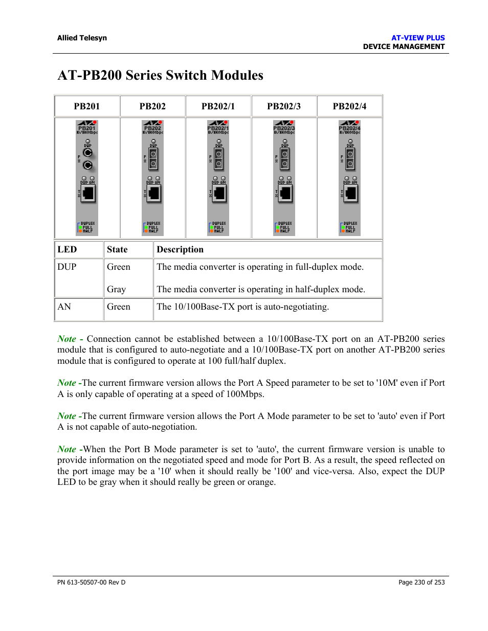 At-pb200 series switch modules | Allied Telesis AT-VIEW PLUS 2.4 DEVICE MANAGEMENT User Manual | Page 230 / 253