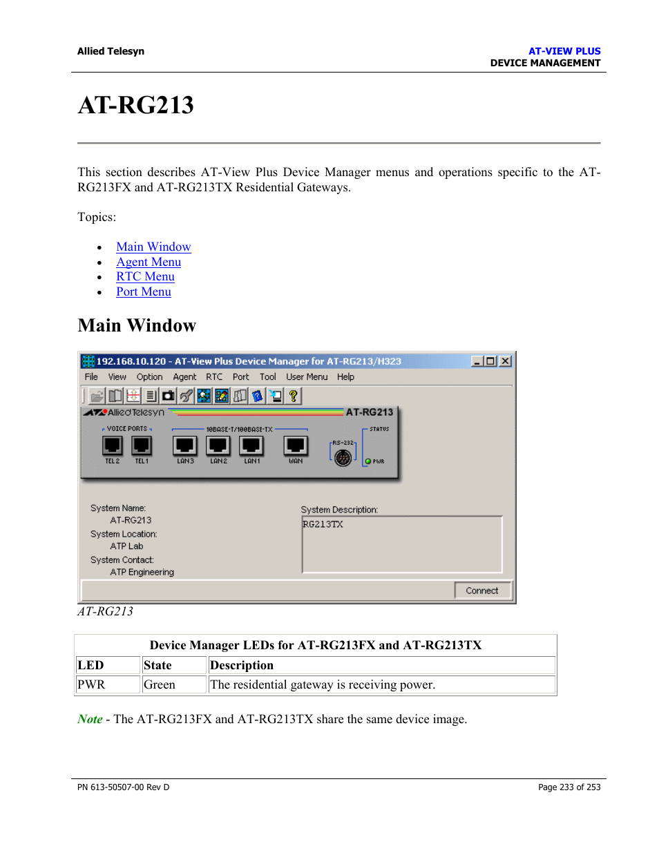 At-rg213, Main window | Allied Telesis AT-VIEW PLUS 2.4 DEVICE MANAGEMENT User Manual | Page 233 / 253
