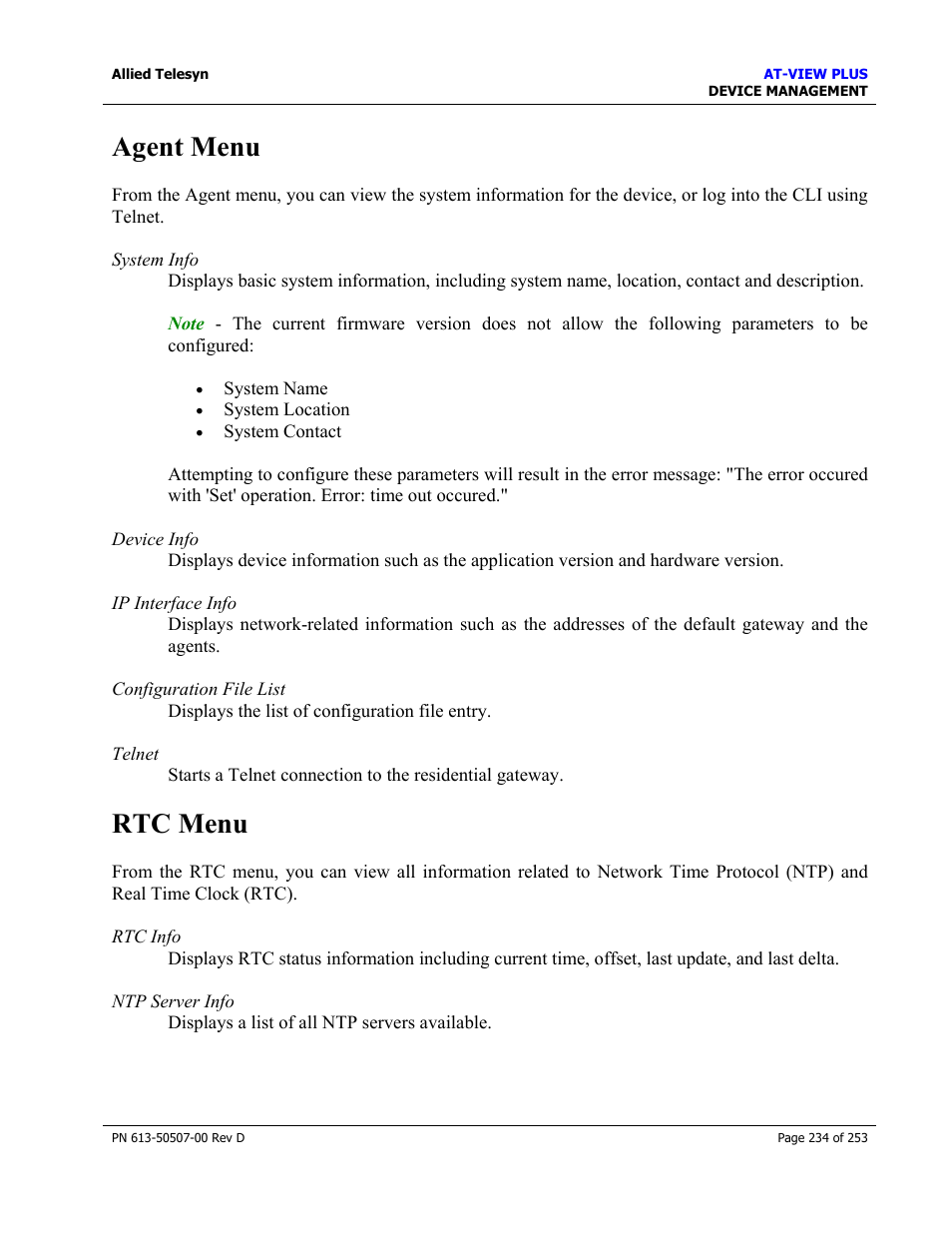 Agent menu, Rtc menu, Agent menu rtc menu | Allied Telesis AT-VIEW PLUS 2.4 DEVICE MANAGEMENT User Manual | Page 234 / 253