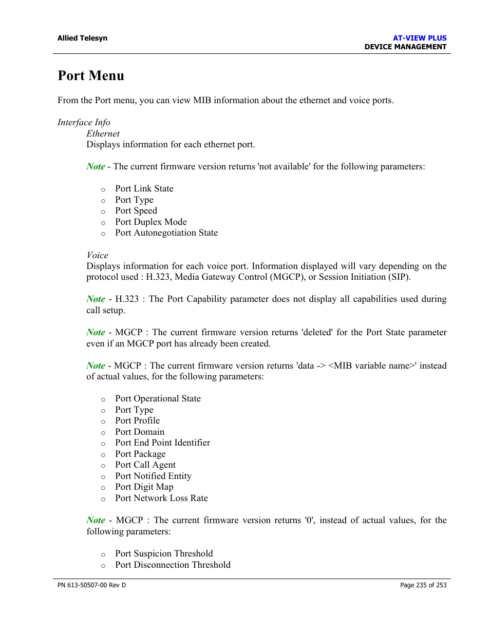 Port menu | Allied Telesis AT-VIEW PLUS 2.4 DEVICE MANAGEMENT User Manual | Page 235 / 253