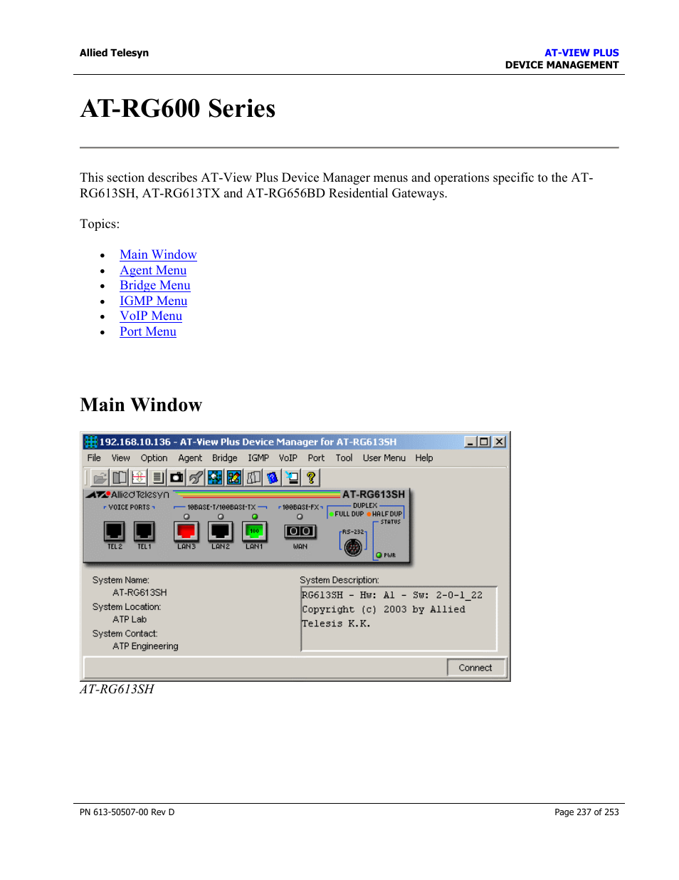 At-rg600 series, Main window | Allied Telesis AT-VIEW PLUS 2.4 DEVICE MANAGEMENT User Manual | Page 237 / 253