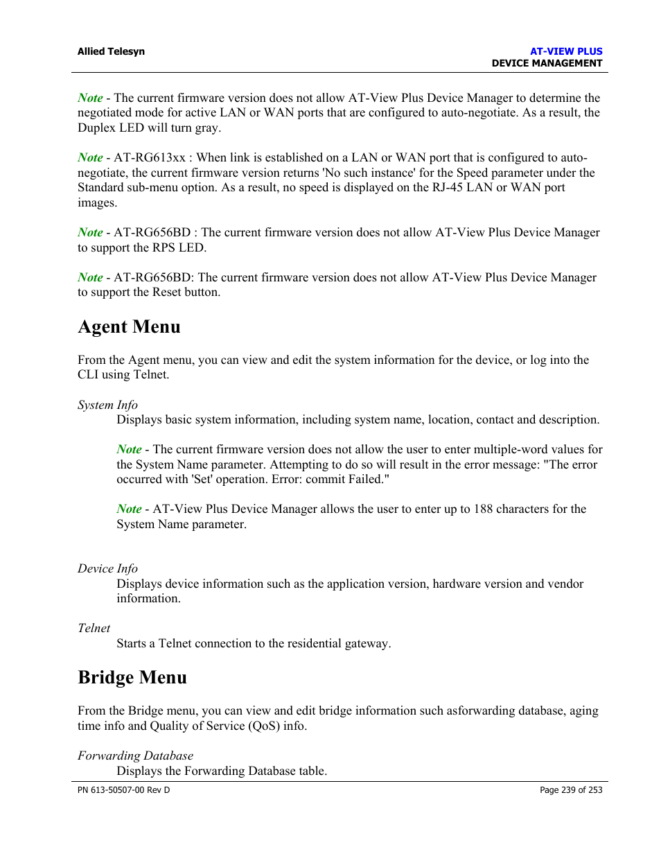 Agent menu, Bridge menu, Agent menu bridge menu | Allied Telesis AT-VIEW PLUS 2.4 DEVICE MANAGEMENT User Manual | Page 239 / 253