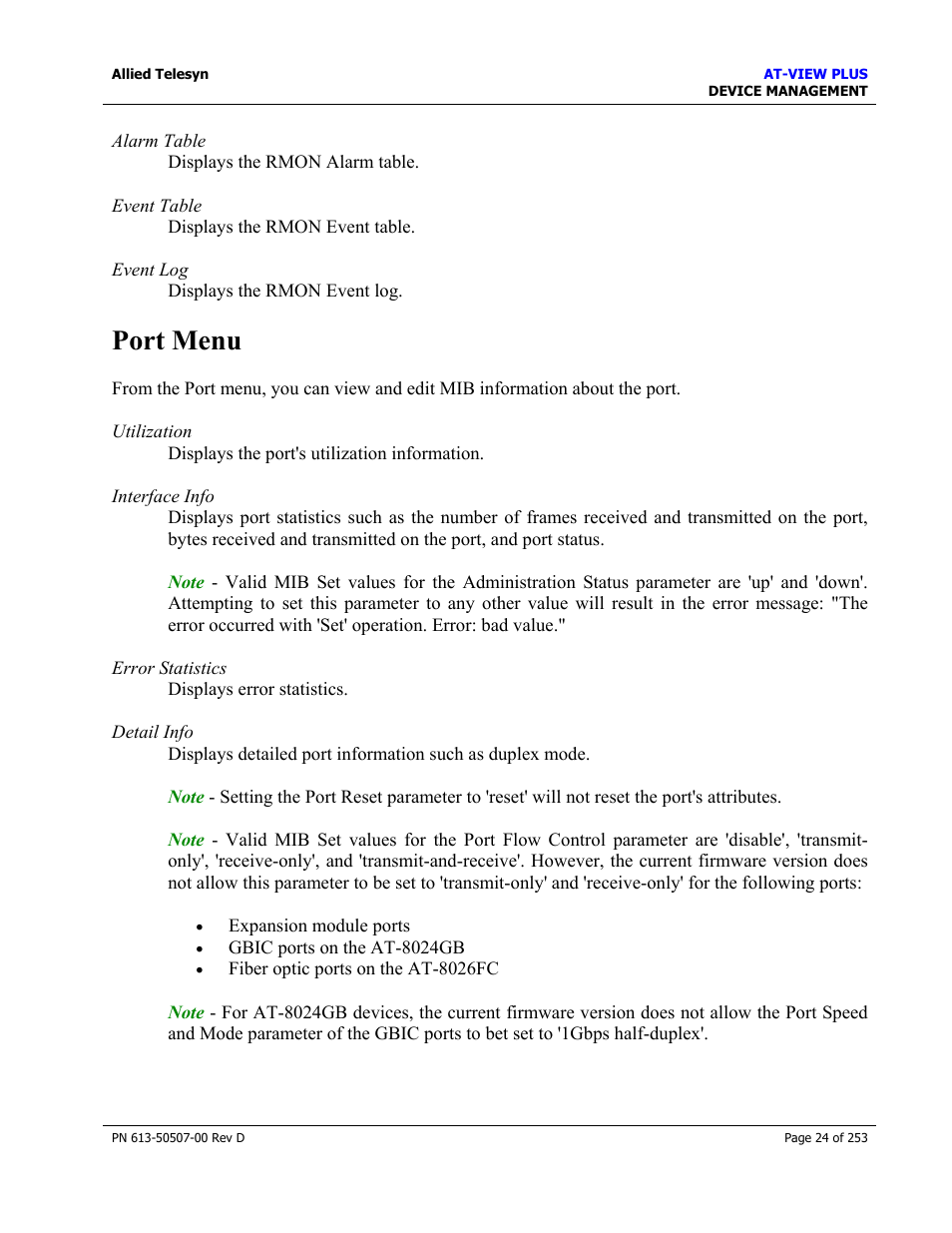 Port menu | Allied Telesis AT-VIEW PLUS 2.4 DEVICE MANAGEMENT User Manual | Page 24 / 253