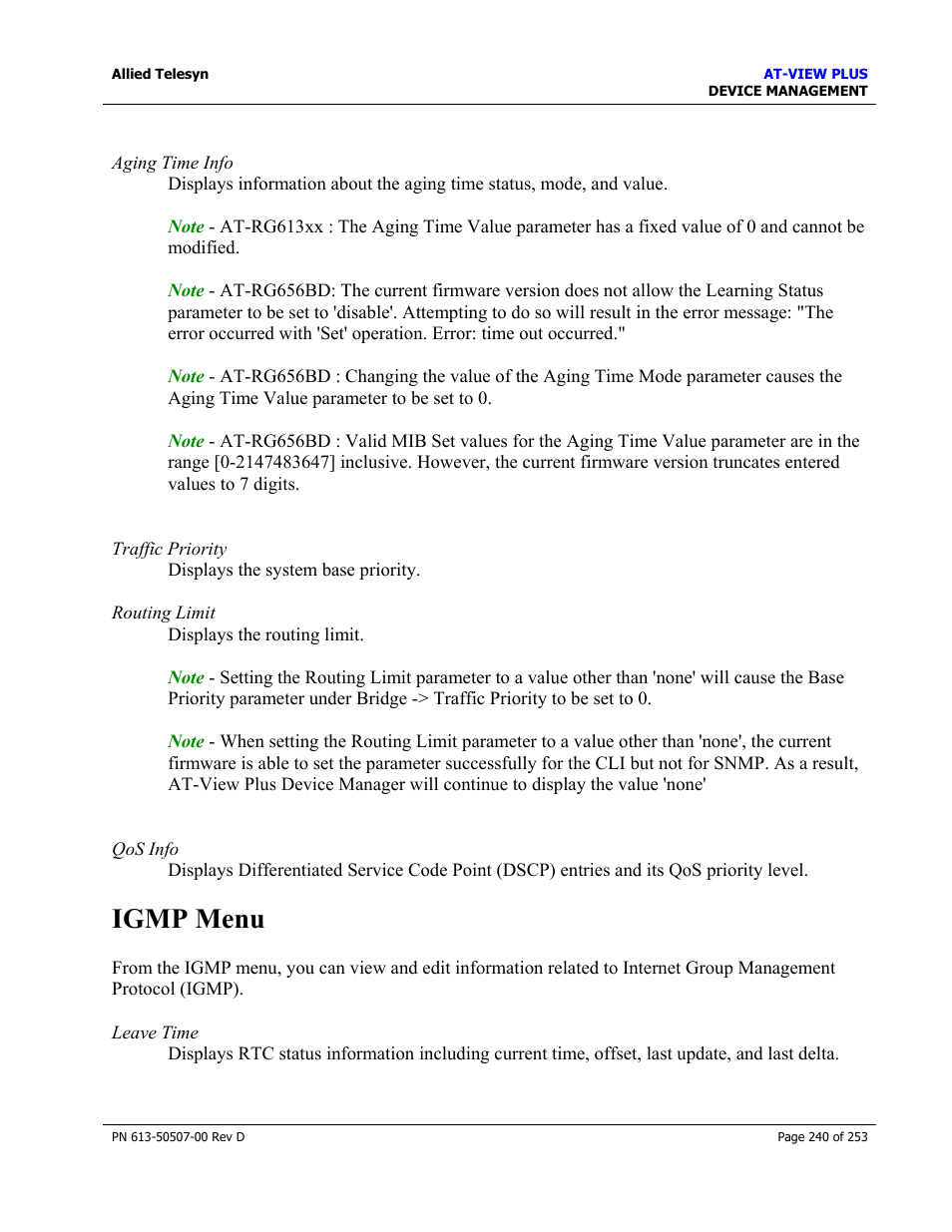 Igmp menu | Allied Telesis AT-VIEW PLUS 2.4 DEVICE MANAGEMENT User Manual | Page 240 / 253