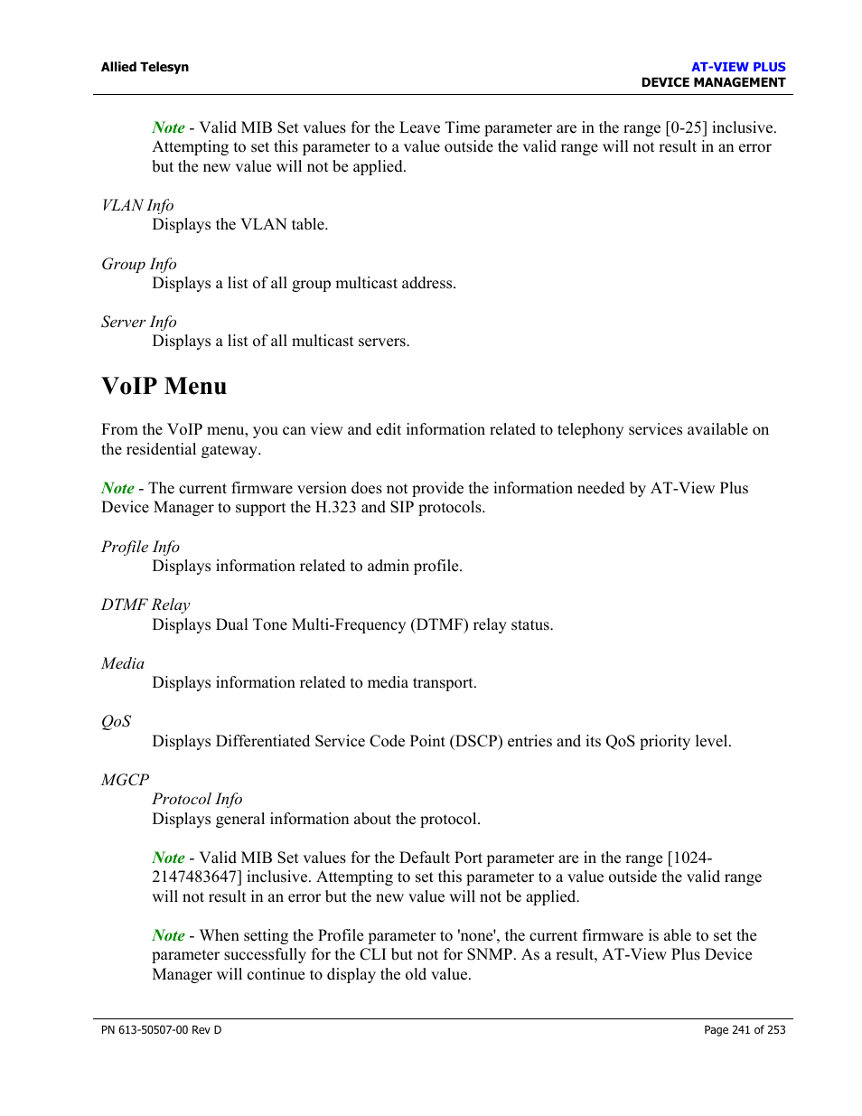 Voip menu | Allied Telesis AT-VIEW PLUS 2.4 DEVICE MANAGEMENT User Manual | Page 241 / 253