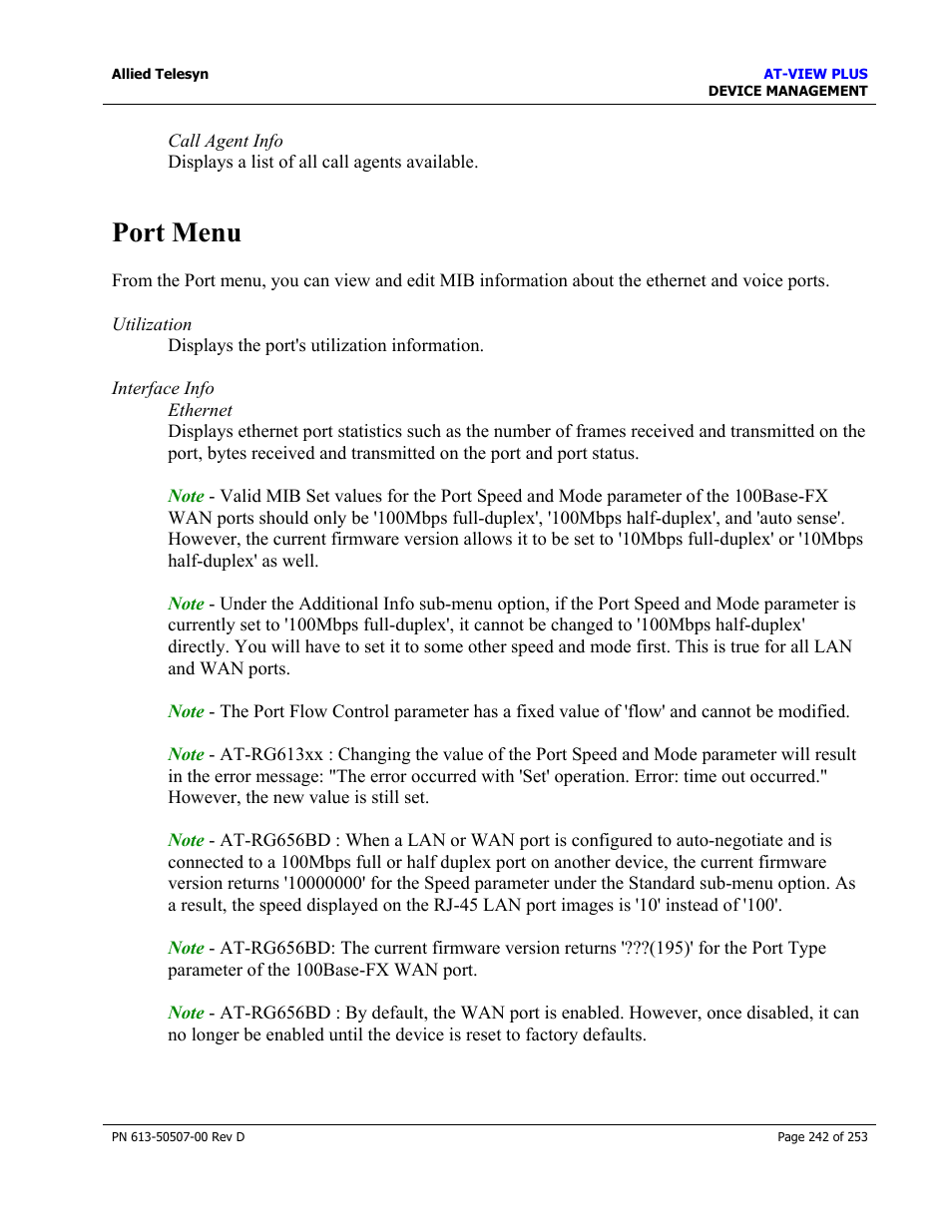 Port menu | Allied Telesis AT-VIEW PLUS 2.4 DEVICE MANAGEMENT User Manual | Page 242 / 253