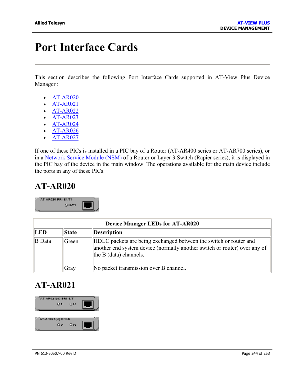 Port interface cards, At-ar020, At-ar021 | At-ar020 at-ar021, Se refer to, Port interface cards (pics), For the operations and behavior of the port | Allied Telesis AT-VIEW PLUS 2.4 DEVICE MANAGEMENT User Manual | Page 244 / 253