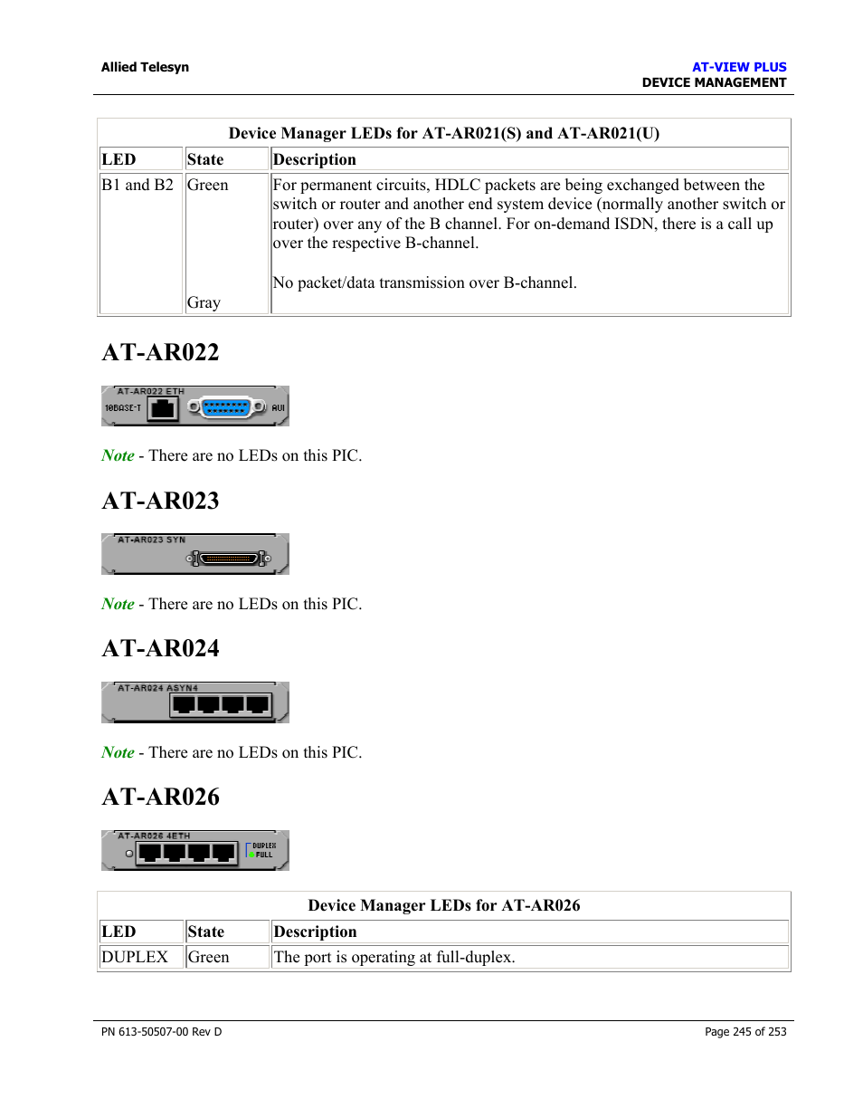 At-ar022, At-ar023, At-ar024 | At-ar026, At-ar022 at-ar023 at-ar024 at-ar026 | Allied Telesis AT-VIEW PLUS 2.4 DEVICE MANAGEMENT User Manual | Page 245 / 253