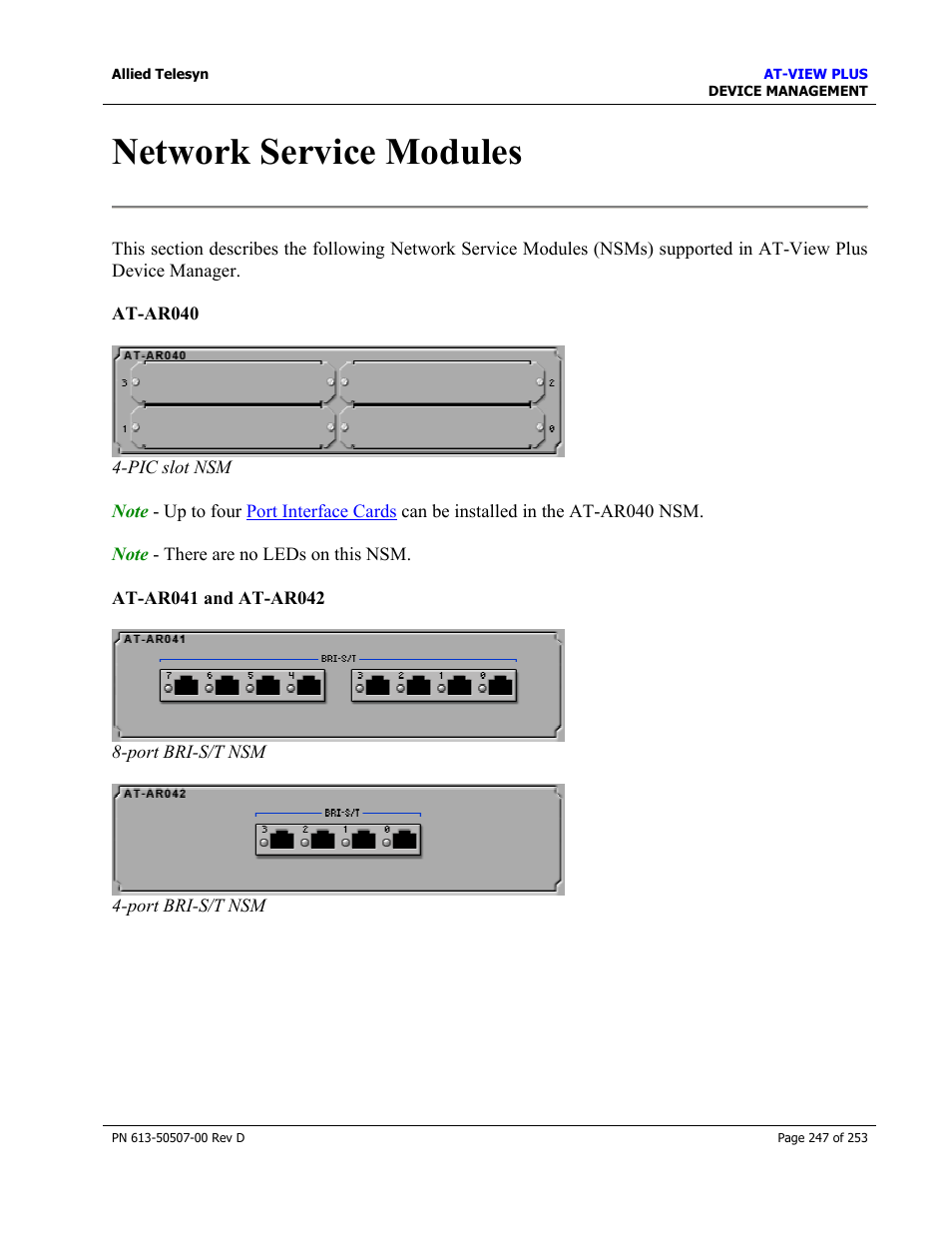 Network service modules, Se refer to, Network service modules (nsms) | Allied Telesis AT-VIEW PLUS 2.4 DEVICE MANAGEMENT User Manual | Page 247 / 253