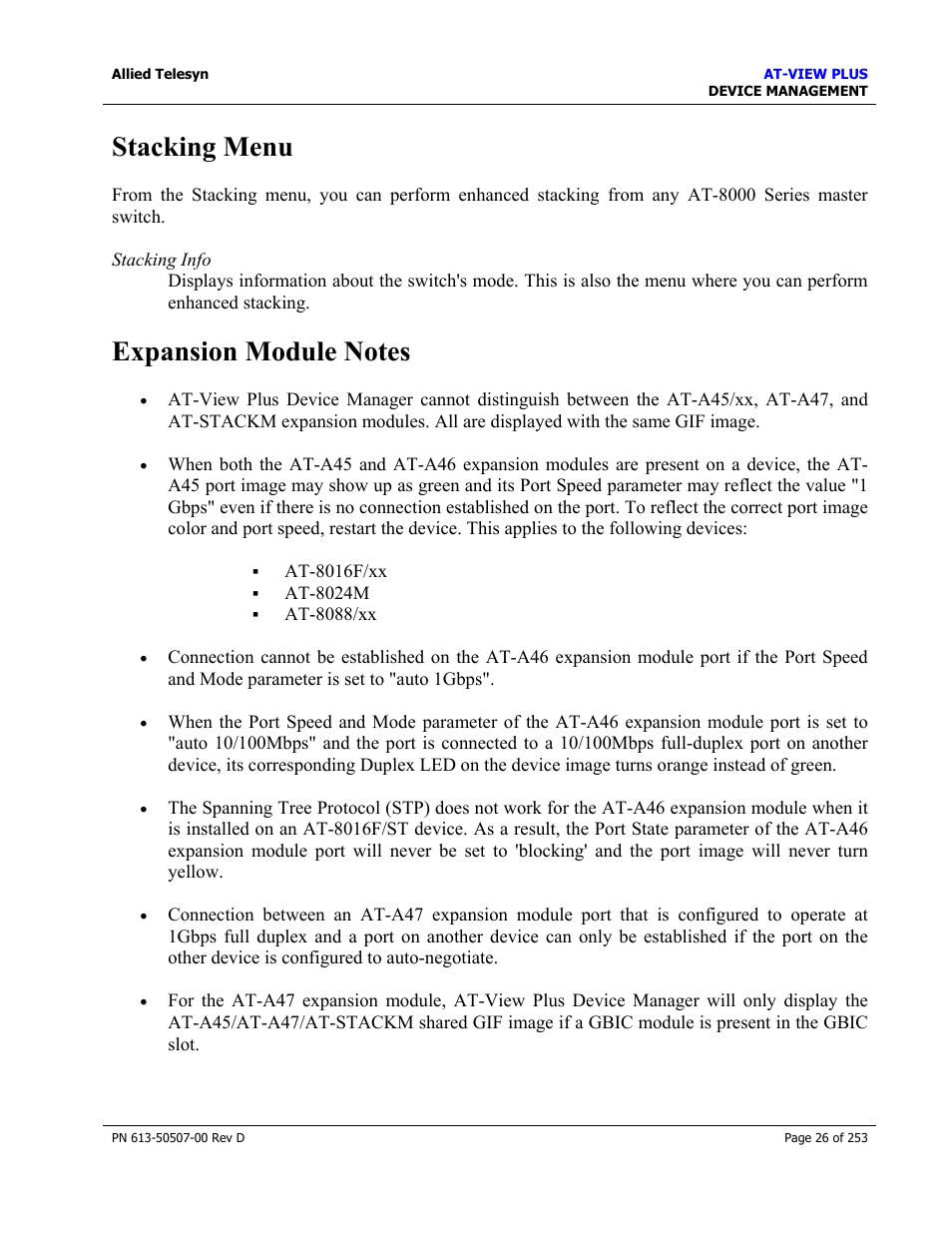 Stacking menu, Expansion module notes, Stacking menu expansion module notes | Allied Telesis AT-VIEW PLUS 2.4 DEVICE MANAGEMENT User Manual | Page 26 / 253