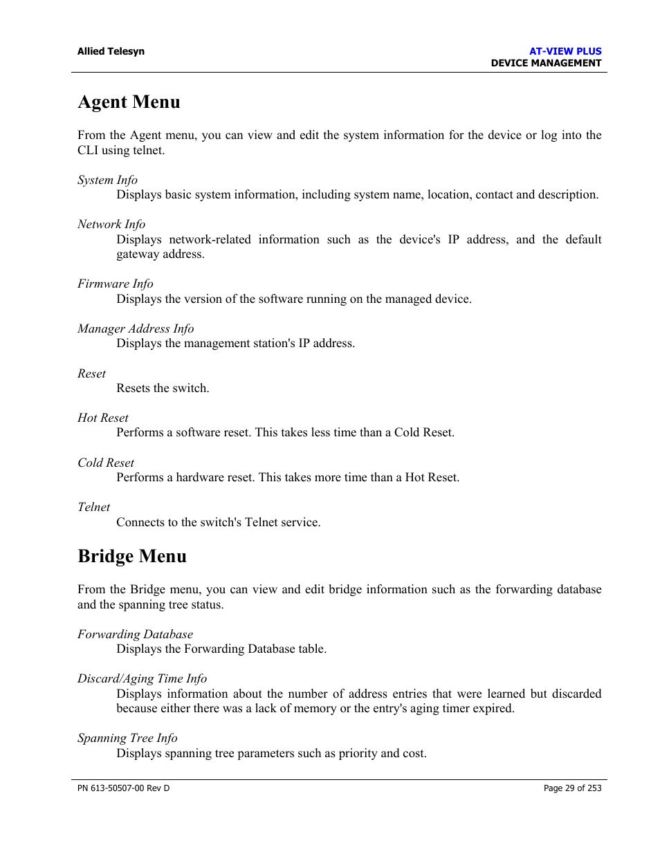 Agent menu, Bridge menu, Agent menu bridge menu | Allied Telesis AT-VIEW PLUS 2.4 DEVICE MANAGEMENT User Manual | Page 29 / 253