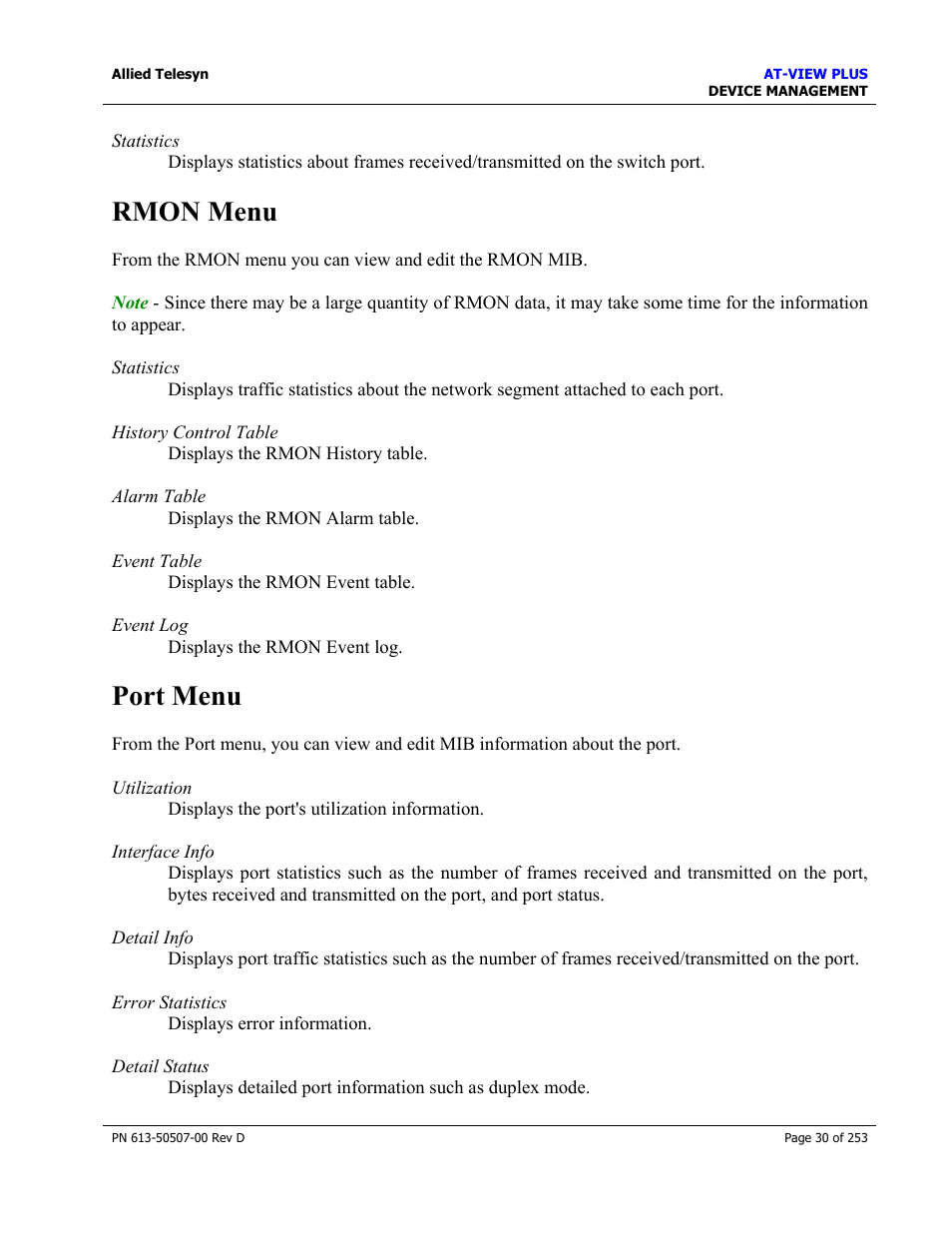 Rmon menu, Port menu, Rmon menu port menu | Allied Telesis AT-VIEW PLUS 2.4 DEVICE MANAGEMENT User Manual | Page 30 / 253