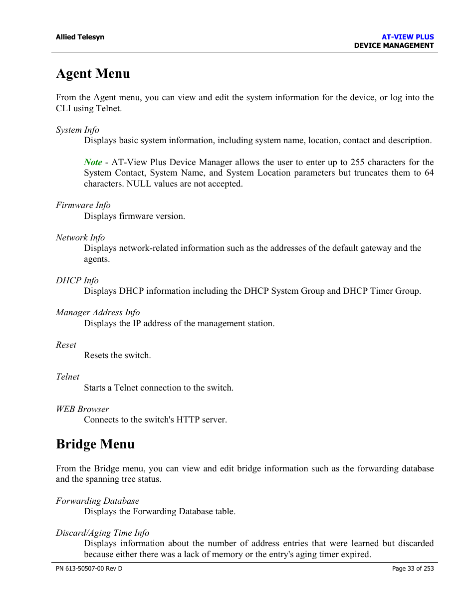 Agent menu, Bridge menu, Agent menu bridge menu | Allied Telesis AT-VIEW PLUS 2.4 DEVICE MANAGEMENT User Manual | Page 33 / 253