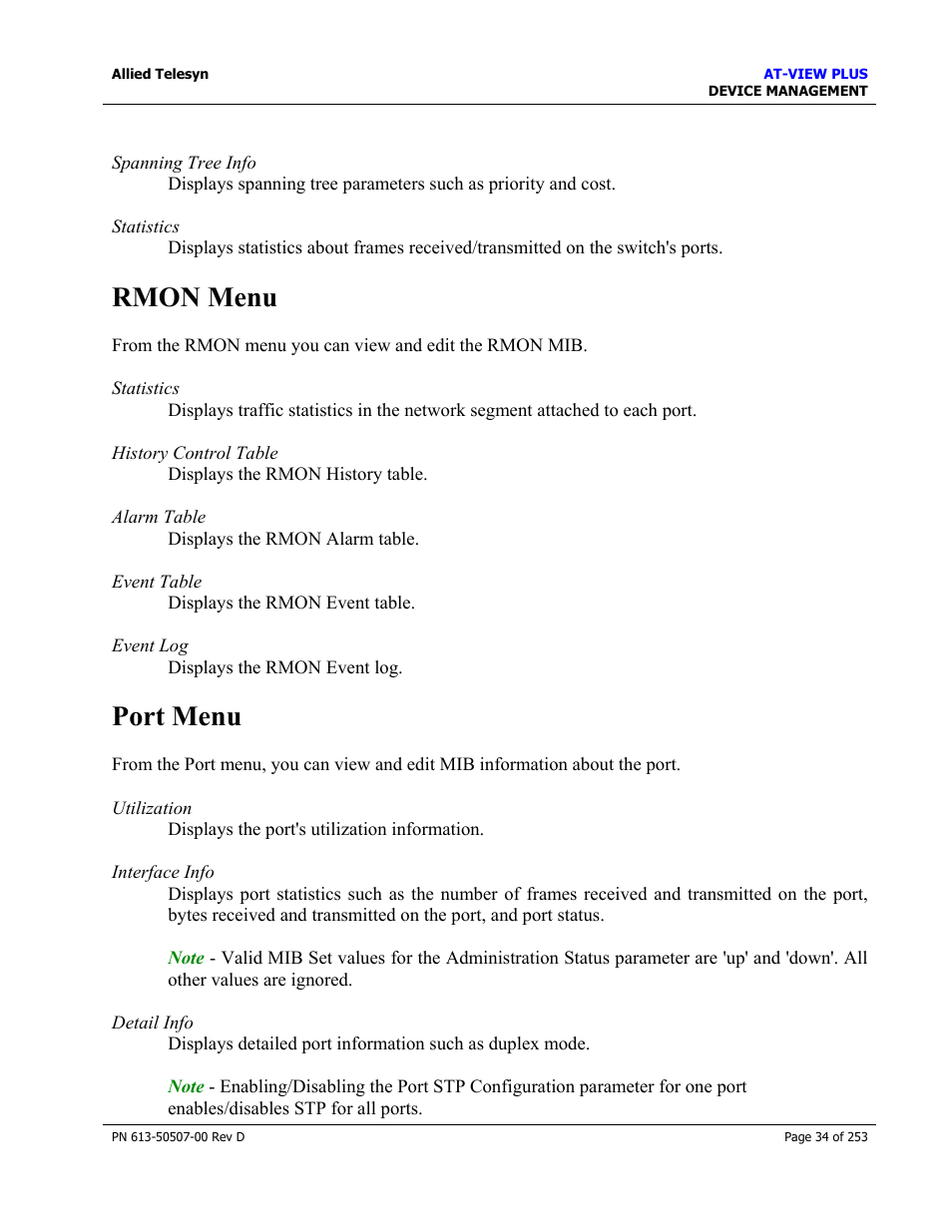 Rmon menu, Port menu, Rmon menu port menu | Allied Telesis AT-VIEW PLUS 2.4 DEVICE MANAGEMENT User Manual | Page 34 / 253