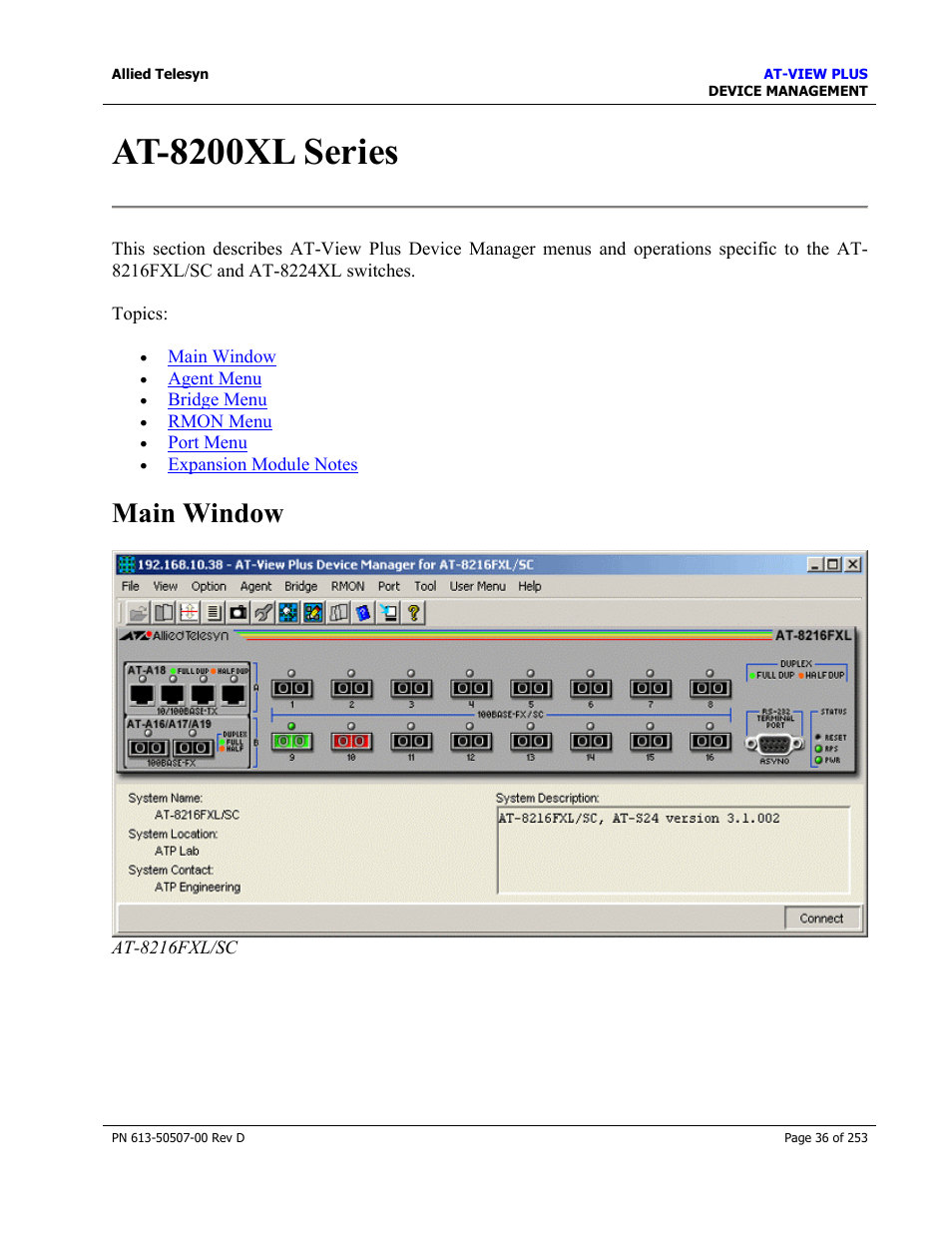 At-8200xl series, Main window | Allied Telesis AT-VIEW PLUS 2.4 DEVICE MANAGEMENT User Manual | Page 36 / 253