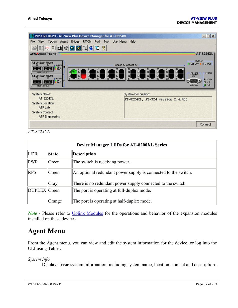Agent menu | Allied Telesis AT-VIEW PLUS 2.4 DEVICE MANAGEMENT User Manual | Page 37 / 253