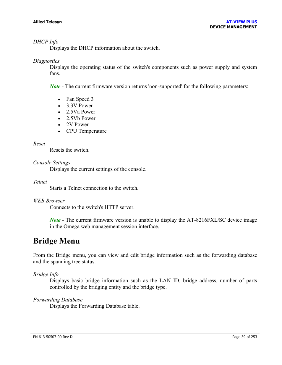 Bridge menu | Allied Telesis AT-VIEW PLUS 2.4 DEVICE MANAGEMENT User Manual | Page 39 / 253