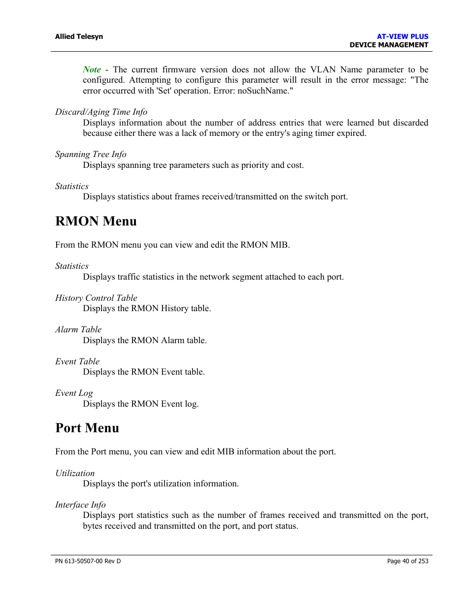 Rmon menu, Port menu, Rmon menu port menu | Allied Telesis AT-VIEW PLUS 2.4 DEVICE MANAGEMENT User Manual | Page 40 / 253