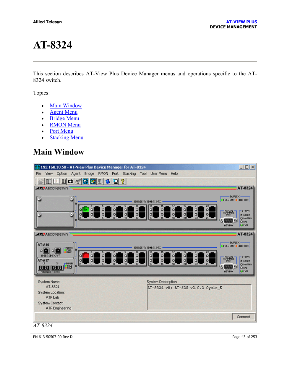 At-8324, Main window | Allied Telesis AT-VIEW PLUS 2.4 DEVICE MANAGEMENT User Manual | Page 43 / 253