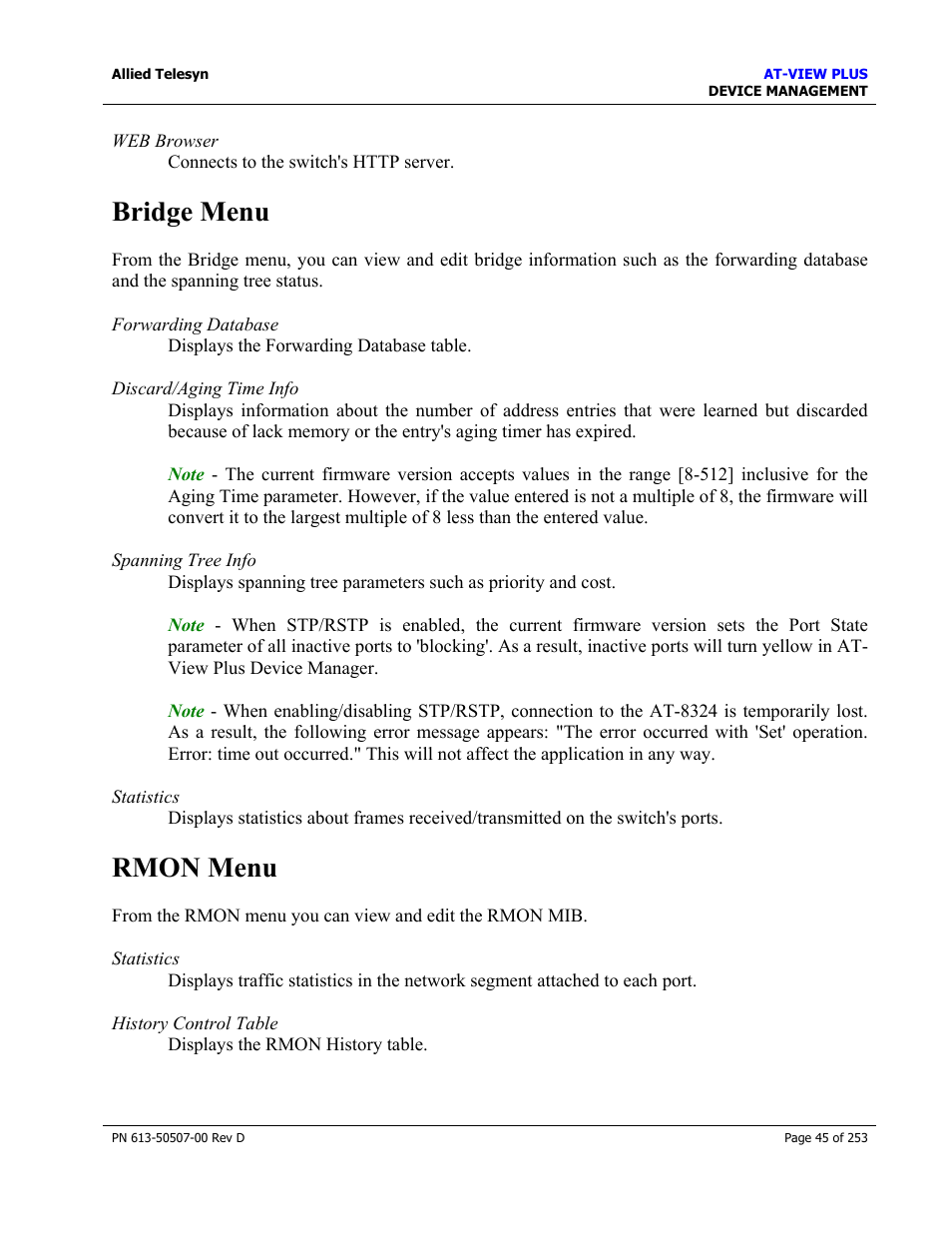 Bridge menu, Rmon menu, Bridge menu rmon menu | Allied Telesis AT-VIEW PLUS 2.4 DEVICE MANAGEMENT User Manual | Page 45 / 253