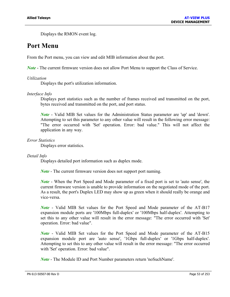 Port menu | Allied Telesis AT-VIEW PLUS 2.4 DEVICE MANAGEMENT User Manual | Page 53 / 253