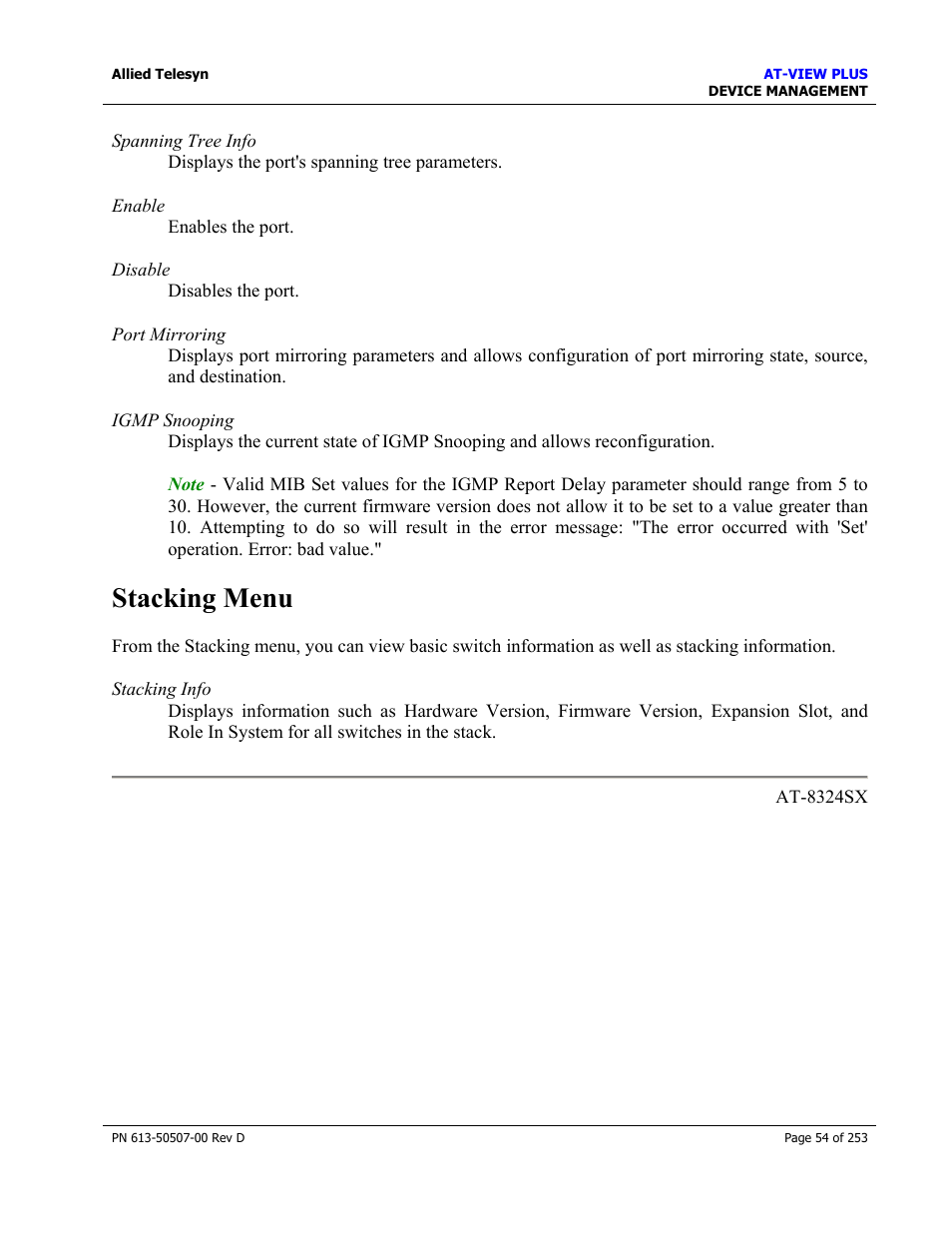 Stacking menu | Allied Telesis AT-VIEW PLUS 2.4 DEVICE MANAGEMENT User Manual | Page 54 / 253