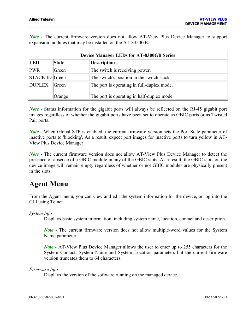 Agent menu | Allied Telesis AT-VIEW PLUS 2.4 DEVICE MANAGEMENT User Manual | Page 58 / 253