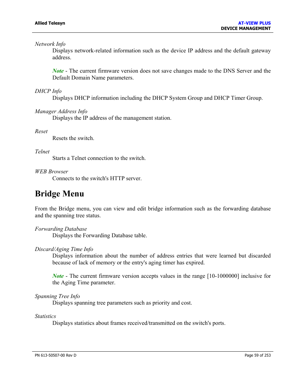 Bridge menu, Rmon menu | Allied Telesis AT-VIEW PLUS 2.4 DEVICE MANAGEMENT User Manual | Page 59 / 253