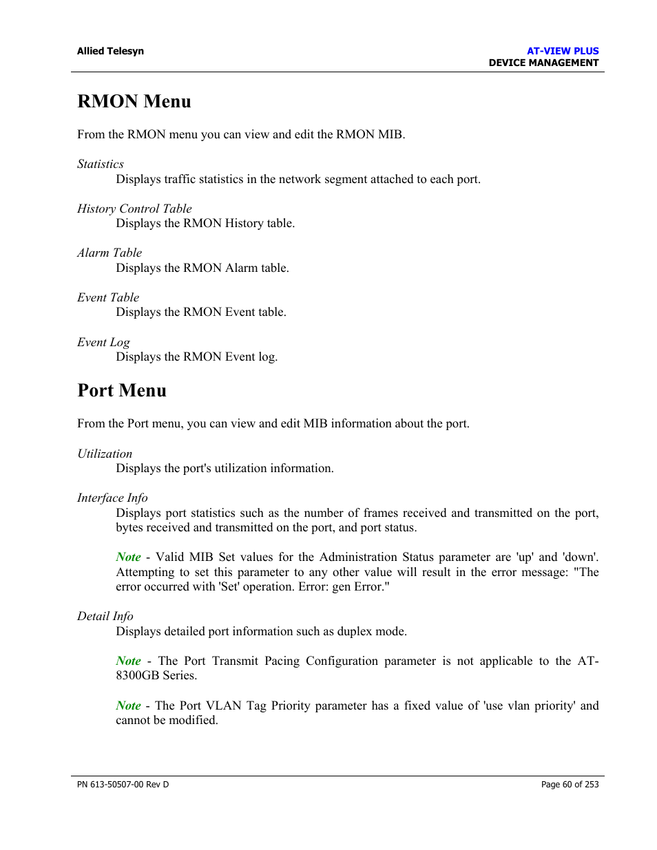 Rmon menu, Port menu, Rmon menu port menu | Allied Telesis AT-VIEW PLUS 2.4 DEVICE MANAGEMENT User Manual | Page 60 / 253