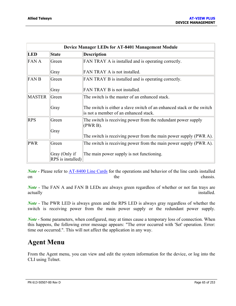 Agent menu | Allied Telesis AT-VIEW PLUS 2.4 DEVICE MANAGEMENT User Manual | Page 65 / 253