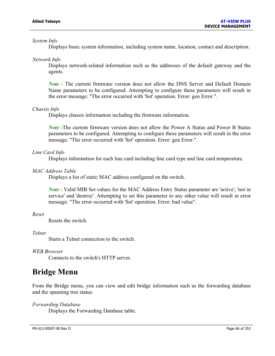 Bridge menu | Allied Telesis AT-VIEW PLUS 2.4 DEVICE MANAGEMENT User Manual | Page 66 / 253